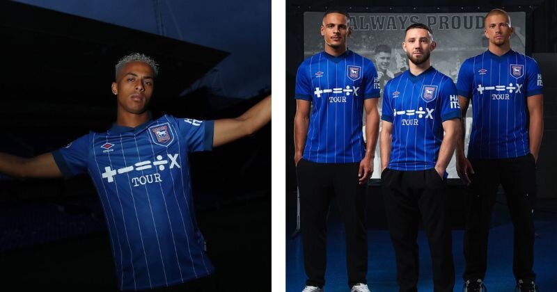 Blue Ipswich home shirt, with white pinstripe pattern